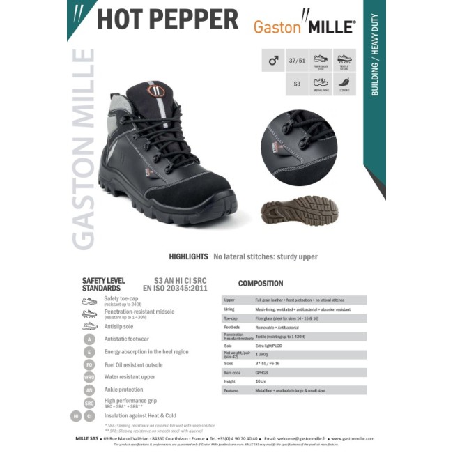Darbo batai Gaston Mille HOT PEPPER S3 AN HI CI SRC