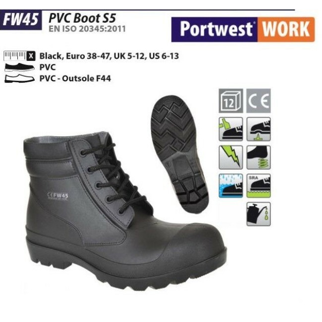Trumpi suvarstomi guminiai PVC batai su pirštų apsauga Portwest FW45 S5.